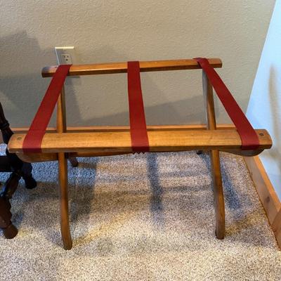 Vintage Wooden Folding Luggage Rack with Burgundy Straps
