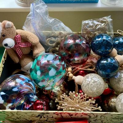 Glass ornaments. Other assorted ornaments and hooks