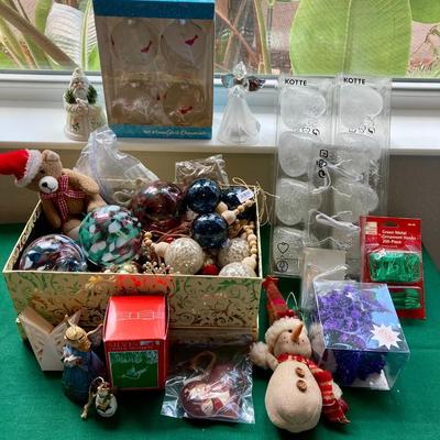 Glass ornaments. Other assorted ornaments and hooks
