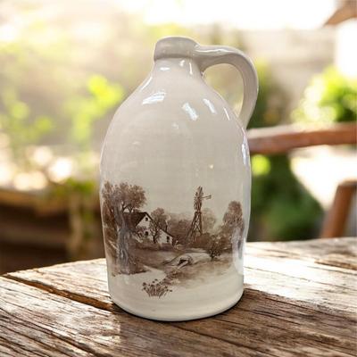 White Ceramic Farmhouse Style Jug with a Sepia Toned Pastoral Landscape Design
