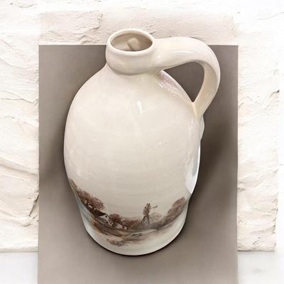 White Ceramic Farmhouse Style Jug with a Sepia Toned Pastoral Landscape Design