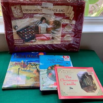 Books (3) and ornament storage bags