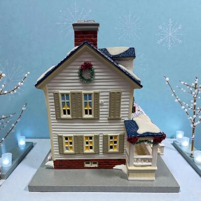 Dept 56 Snow Village Snowy Pines Inn with Trees and Boy. With Light and Cord