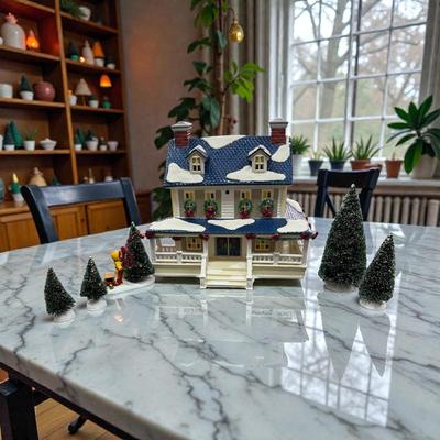 Dept 56 Snow Village Snowy Pines Inn with Trees and Boy. With Light and Cord