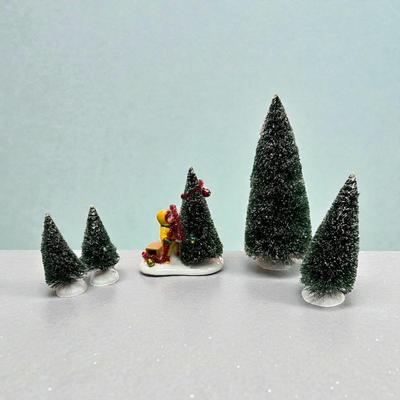Dept 56 Snow Village Snowy Pines Inn with Trees and Boy. With Light and Cord