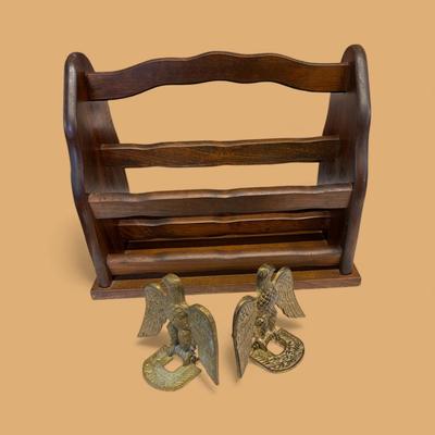 Magazine Rack and Brass Eagle Bookends