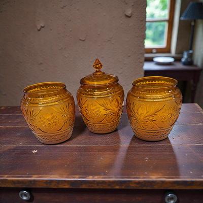Anchor Hocking Sandwich Pattern Glass Cookie Jars, One with Lid, 2 without lids