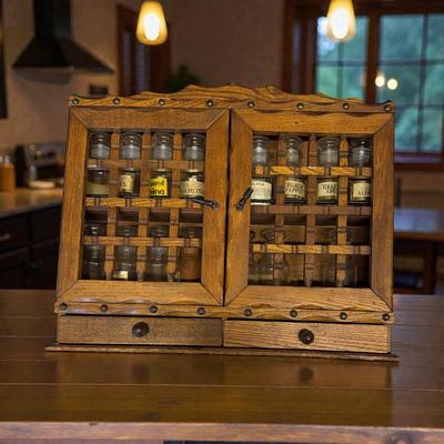 Vintage Wooden Wall Spice Rack with Two small Drawers and Jars