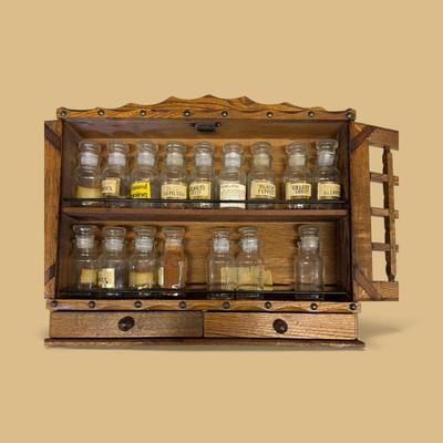 Vintage Wooden Wall Spice Rack with Two small Drawers and Jars