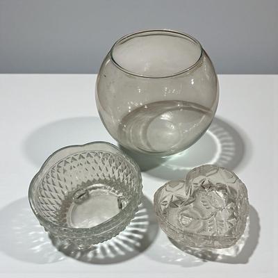 Lot of 3 Clear Glass Bowls, 1 Hearts, 1 Footed