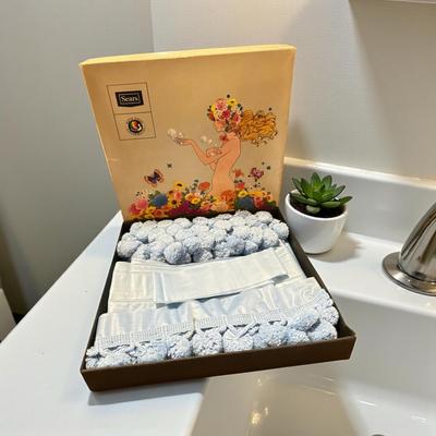 Vintage Sears New Blue Shower Curtain w Pom Pons in Original Box
