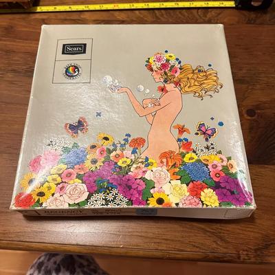 Vintage Sears New Blue Shower Curtain w Pom Pons in Original Box