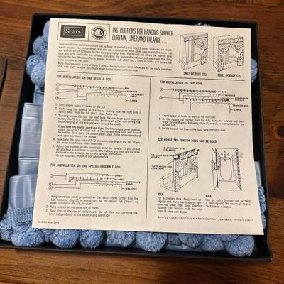 Vintage Sears New Blue Shower Curtain w Pom Pons in Original Box