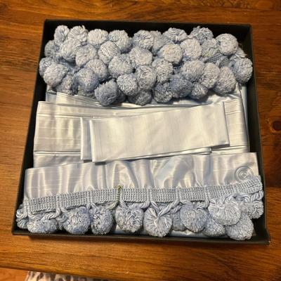 Vintage Sears New Blue Shower Curtain w Pom Pons in Original Box
