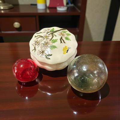 Lot of 3 Items- 2 Glass Spheres and Lidded Trinket Dish
