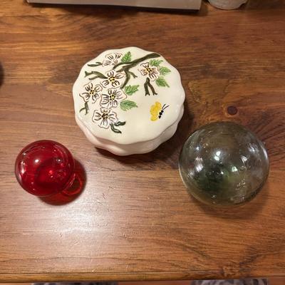 Lot of 3 Items- 2 Glass Spheres and Lidded Trinket Dish