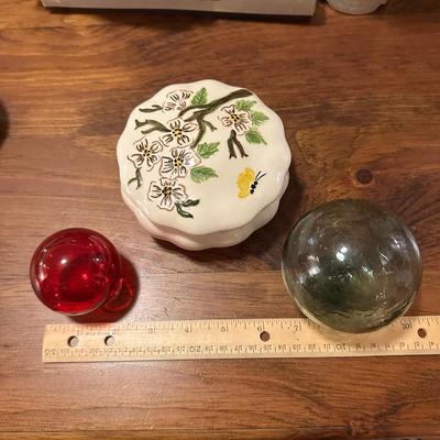 Lot of 3 Items- 2 Glass Spheres and Lidded Trinket Dish