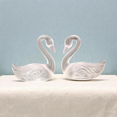 Pair of Fenton Frosted Clear Glass Swan Figurines