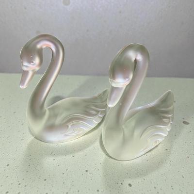 Pair of Fenton Frosted Clear Glass Swan Figurines