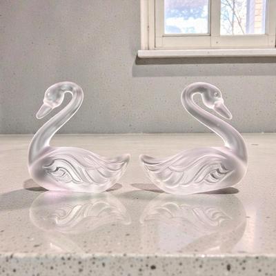 Pair of Fenton Frosted Clear Glass Swan Figurines