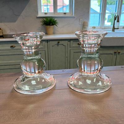 Pair of Vintage Clear Glass Candlestick Holders