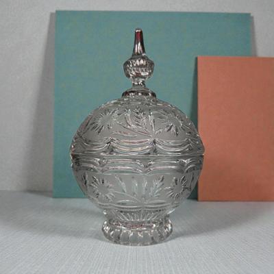 Vintage Lead Crystal Etched Pedestal Lidded Compote Bowl or Candy Dish