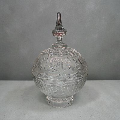 Vintage Lead Crystal Etched Pedestal Lidded Compote Bowl or Candy Dish