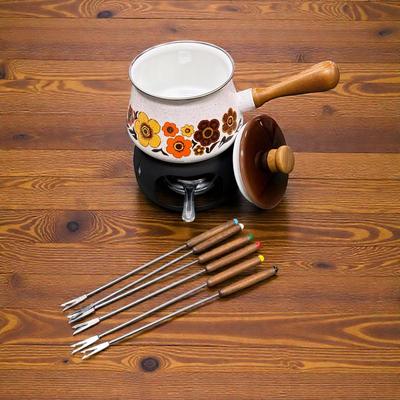 Vintage 1970's Enamel Fondue set with a Floral Design