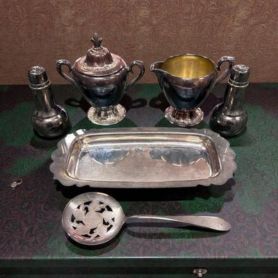 Silverplate Cream and Sugar, Salt and Pepper, Tomato Spoon and Tray