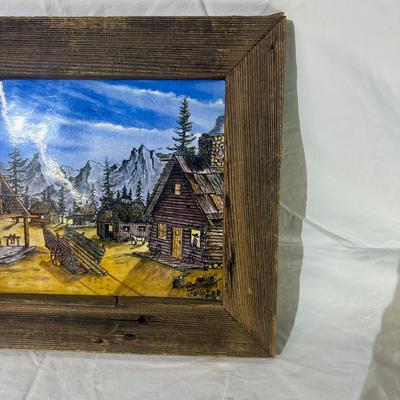 Vintage Natural Wood Frame for Laminated Drawing of Desert and cabins