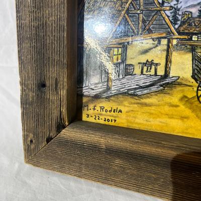 Vintage Natural Wood Frame for Laminated Drawing of Desert and cabins