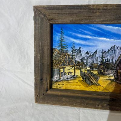 Vintage Natural Wood Frame for Laminated Drawing of Desert and cabins