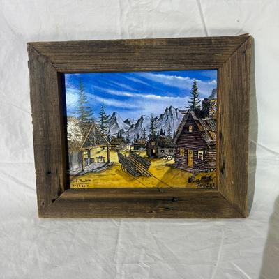 Vintage Natural Wood Frame for Laminated Drawing of Desert and cabins