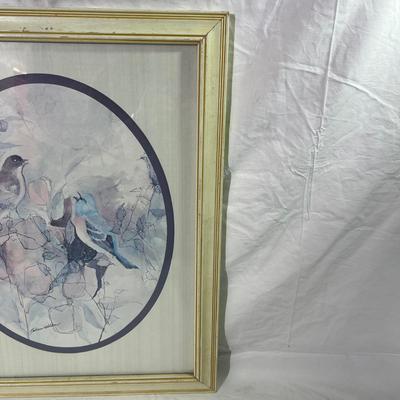 White Painted Wood Frame with Watercolor style art of Blue Birds