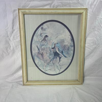 White Painted Wood Frame with Watercolor style art of Blue Birds
