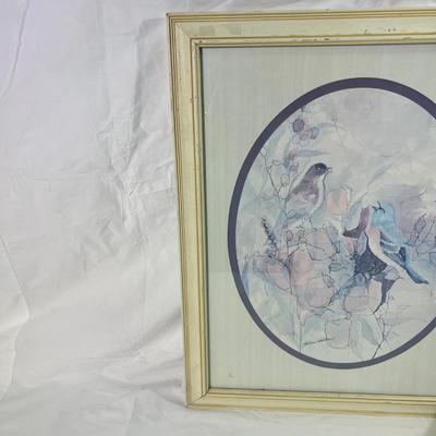 White Painted Wood Frame with Watercolor style art of Blue Birds