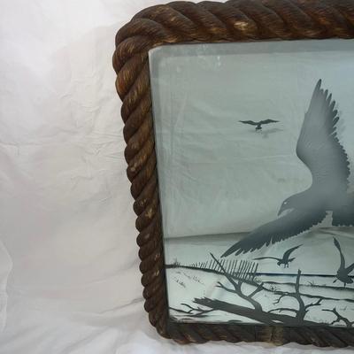 Sailor Rope Twist Style Frame With Sandblasted art onto mirror of Birds soaring over Beach