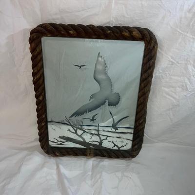 Sailor Rope Twist Style Frame With Sandblasted art onto mirror of Birds soaring over Beach