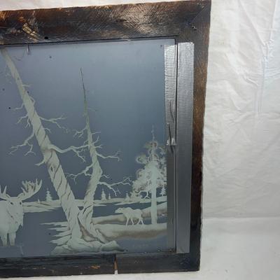 Vintage Natural Wood Frame with Sandblasted art onto mirror of Forest with Moose