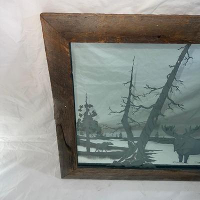 Vintage Natural Wood Frame with Sandblasted art onto mirror of Forest with Moose