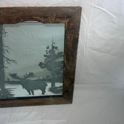 Vintage Natural Wood Frame with Sandblasted art onto mirror of Forest with Moose