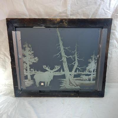 Vintage Natural Wood Frame with Sandblasted art onto mirror of Forest with Moose