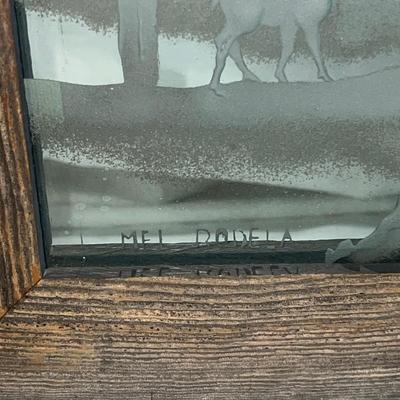 Vintage Natural Wood Frame with Sandblasted art onto mirror of Forest with Moose