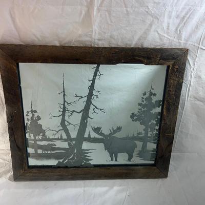 Vintage Natural Wood Frame with Sandblasted art onto mirror of Forest with Moose