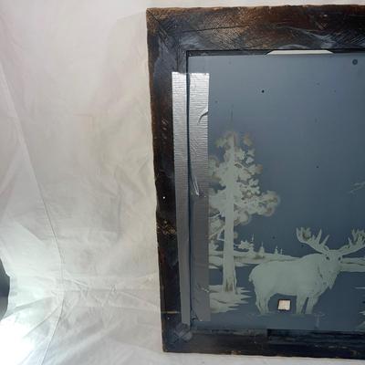 Vintage Natural Wood Frame with Sandblasted art onto mirror of Forest with Moose