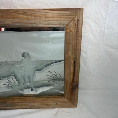 Vintage Natural Wood Frame with Sandblasted art onto mirror of two People Walking along the Beach