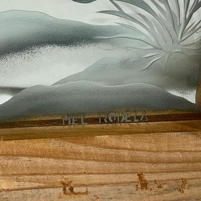 Vintage Natural Wood Frame with Sandblasted art onto mirror of two People Walking along the Beach