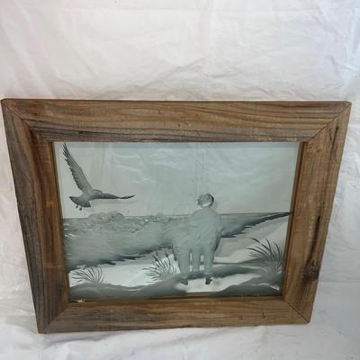 Vintage Natural Wood Frame with Sandblasted art onto mirror of two People Walking along the Beach