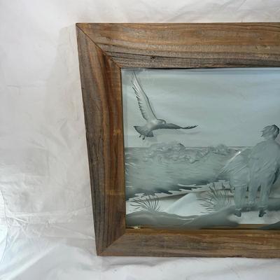 Vintage Natural Wood Frame with Sandblasted art onto mirror of two People Walking along the Beach