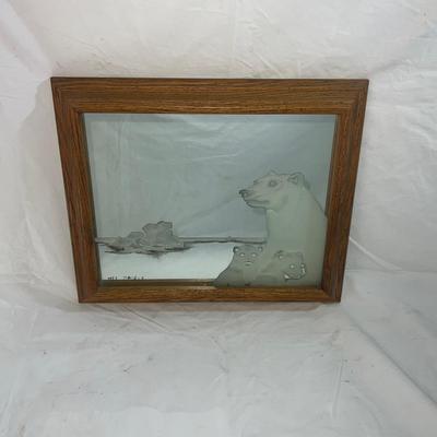 Wood Frame with Sandblasted art onto mirror of Polar Bears